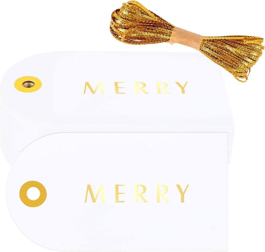 joycraft ChristmasTags with Ribbon - 50Pcs Merry Christmas Tags, 3.5x2 in Xmas Name Hangtags, Gol... | Amazon (US)