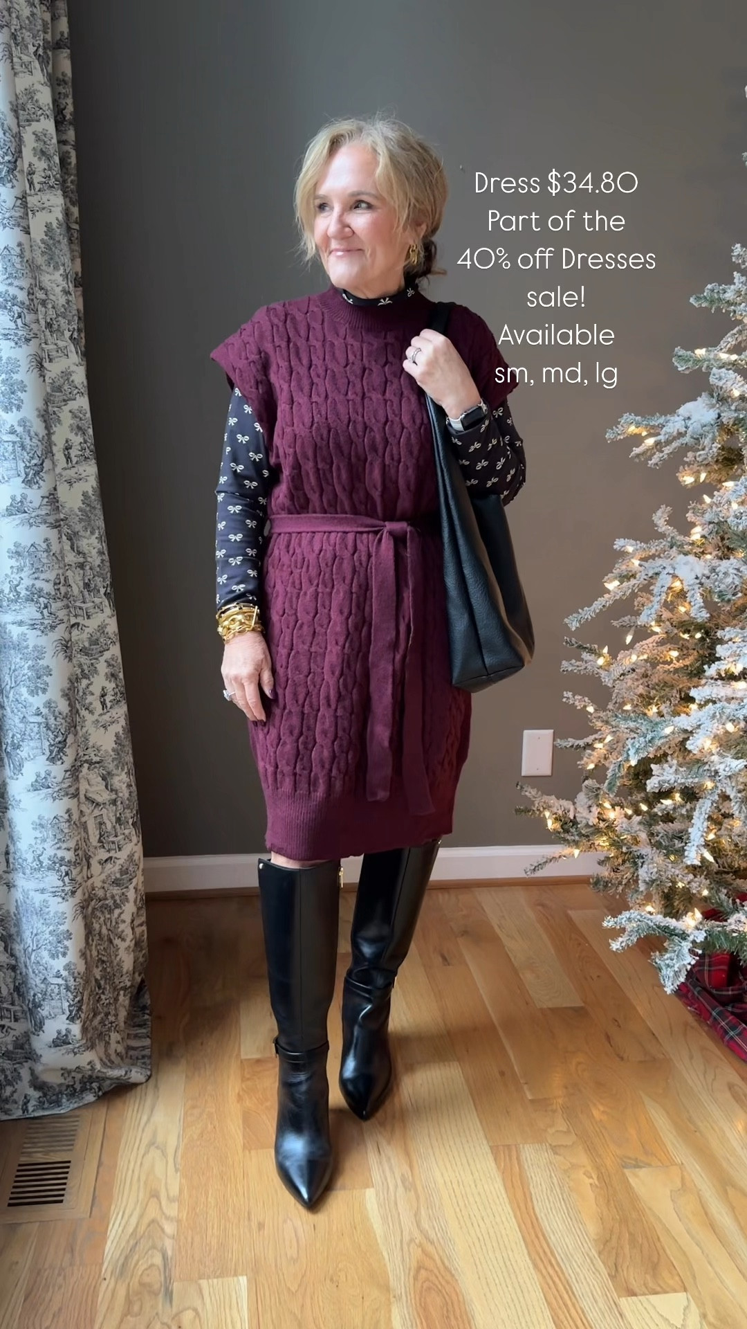 I’m wearing a large. Linking some great layering options if you don’t want a short sleeve this winter. 

My bow turtleneck is soldout but probably will restock. It was a best seller over cyber week! 

Boots I size up 1/2 to make the pointed toe comfortable. They’re really good. 

I love the slouchy oversized bag. It’s faux leather and really makes a statement. Makes a great gift too! 

Linking some of my favorite Allie+Bess pieces. Tonight 12/11 8-9 pm CST 50% off the site with code NANETTE50 

burgandy sweater dress tall black boots anthropologie purse 

#LTKSaleAlert #LTKOver40 #LTKWatchNow