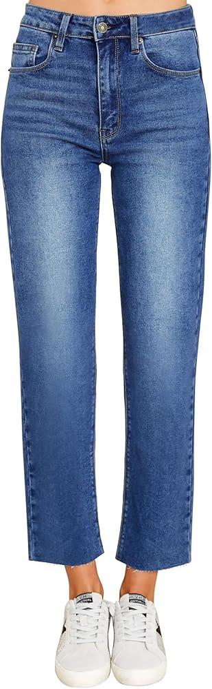 KDF Women's Cropped Straight Leg Jeans - High Waisted Jeans for Women 7/8 Length Denim Pants with... | Amazon (US)