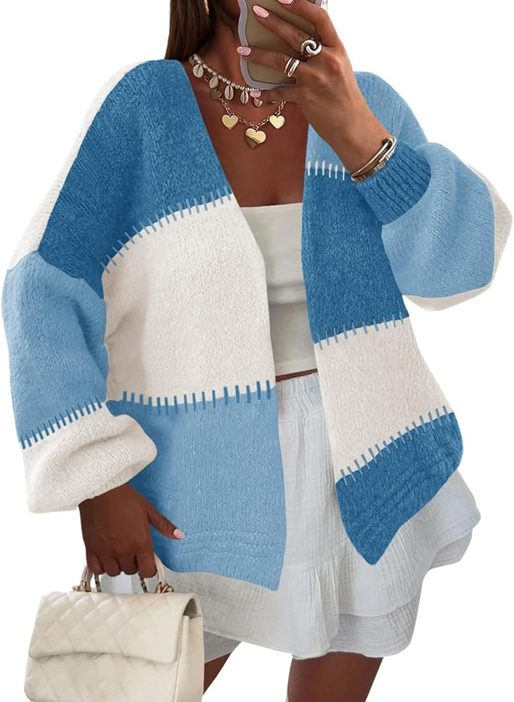 Yousify Womens Cardigan Sweater Color Block Open Front Long Puff Sleeve Casual Chunky Knit Cardig... | Amazon (US)