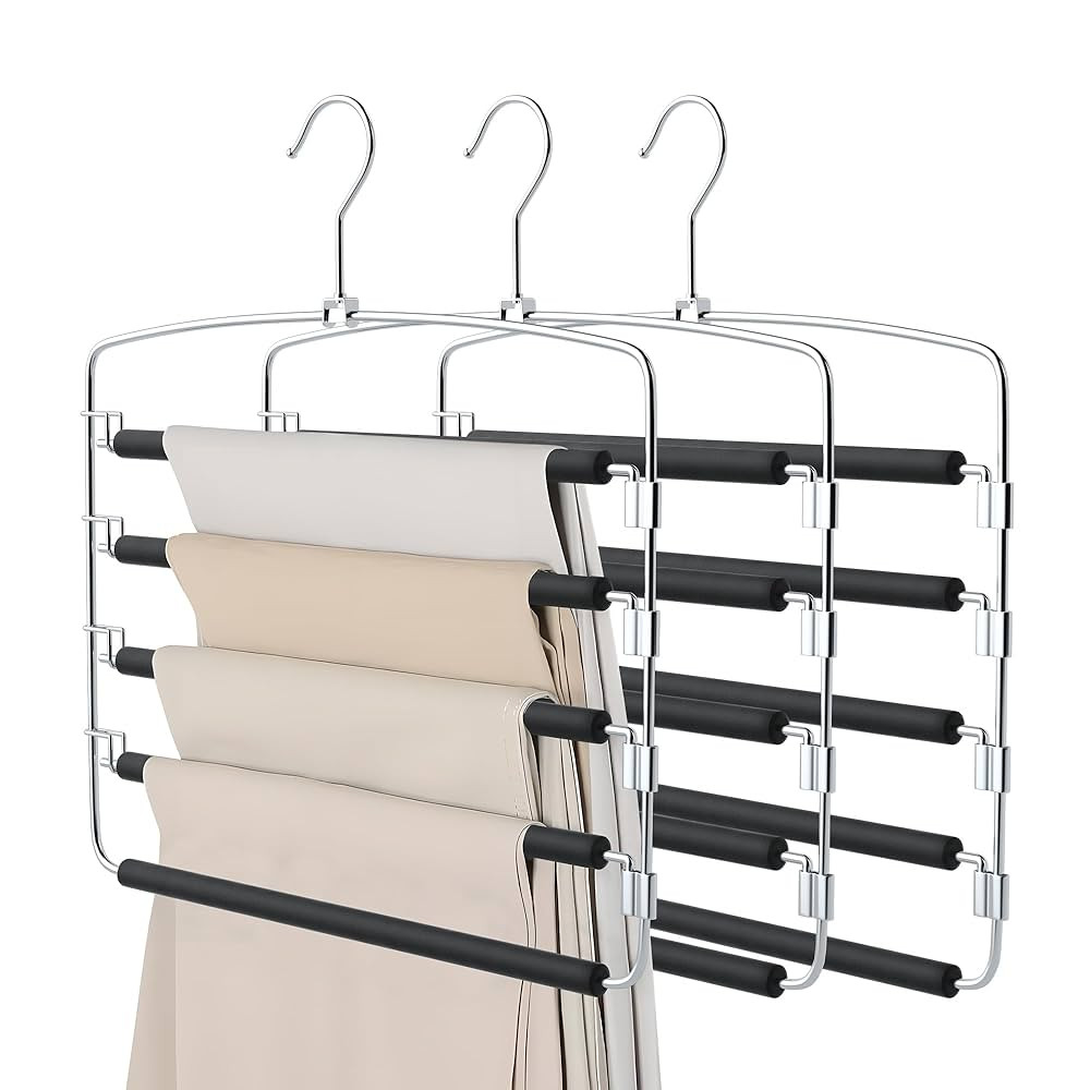 Pants Hangers, 3 Pack Anti-Slip Space Saving Hangers, 5 Layer Swing Arm Pants Hanger Stainless St... | Amazon (US)