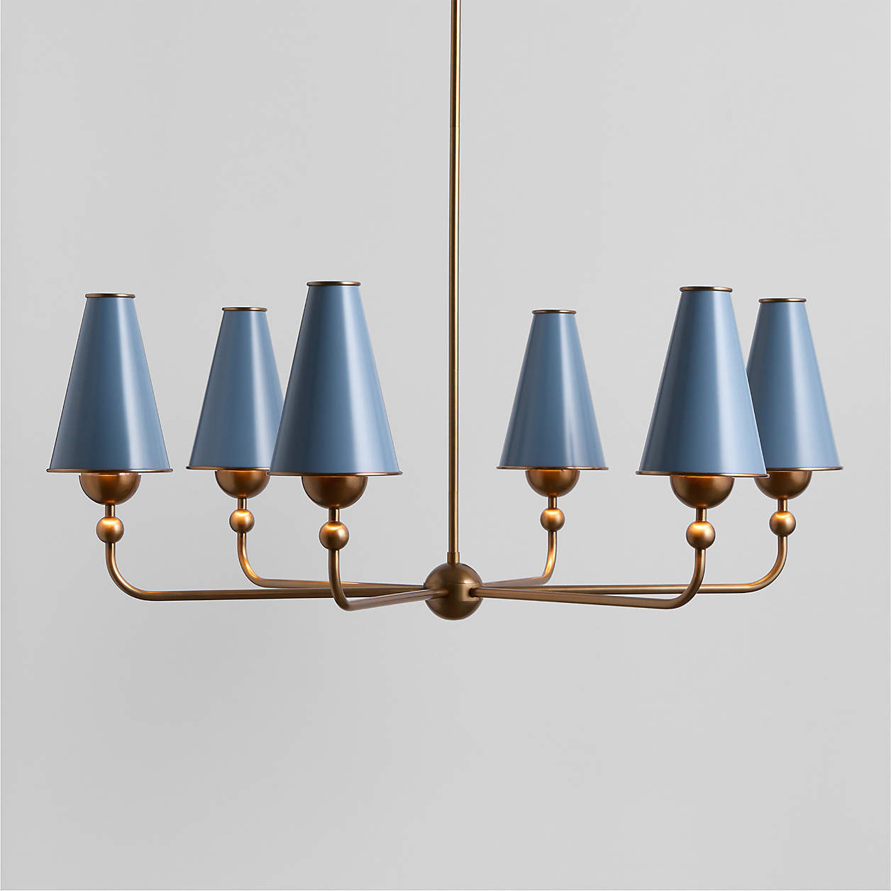 Everton Brass Round Chandelier Light with White Linen Shades | Crate & Barrel | Crate & Barrel
