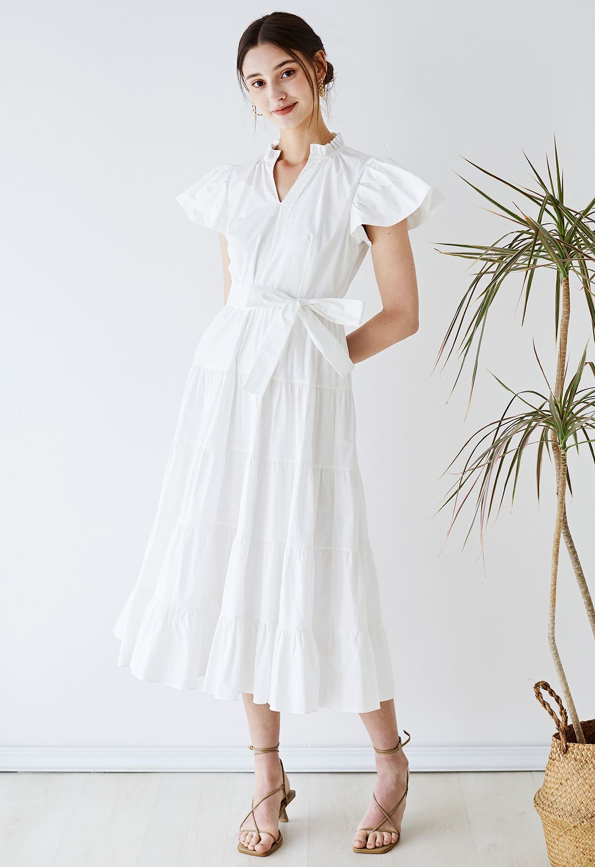 V-Neck Flutter Sleeve Ruffle Cotton Dress in White | Chicwish