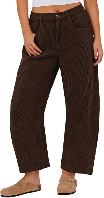 IWOLLENCE Women's Corduroy Barrel Pants Mid-Rise Elastic Waist Casual Cord Wide Legs Baggy Pant w... | Amazon (US)