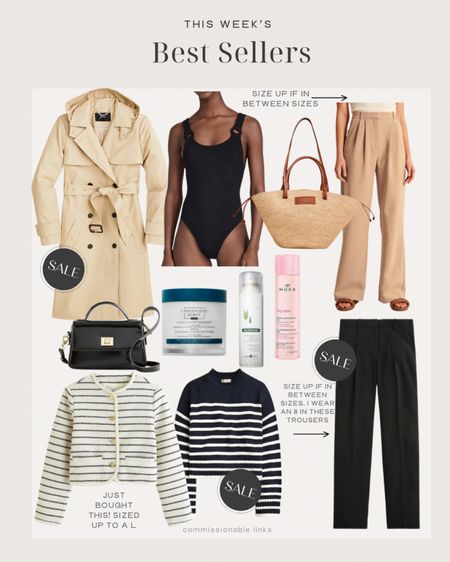 This week’s bestsellers!
Trench coat
Trousers
One piece swimsuit
Striped sweater
Cropped jacket
French beauty products
Straw tote from Sézane
Jcrew top handle bag 

#LTKSeasonal #LTKSpringSale