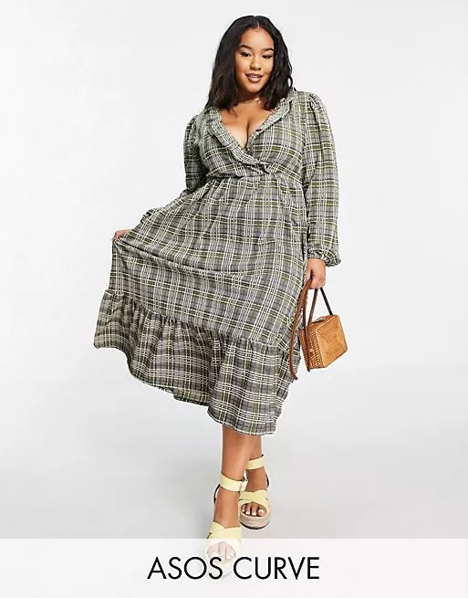 ASOS DESIGN Curve midi smock dress with frill neck and tiered hem in grey and green check print | ASOS (Global)