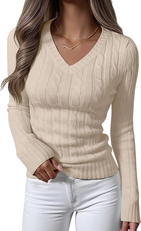 ANRABESS Women's Cable Knit V Neck Fitted Sweaters | Amazon (US)