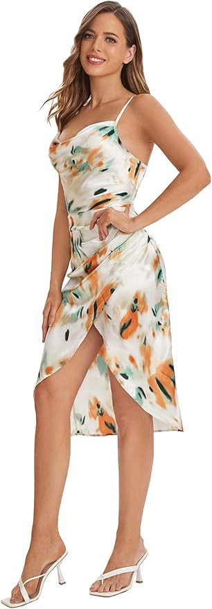 Floerns Women's Floral Print Cowl Neck Ruched Spaghetti Strap Satin Slit Party Dress | Amazon (US)