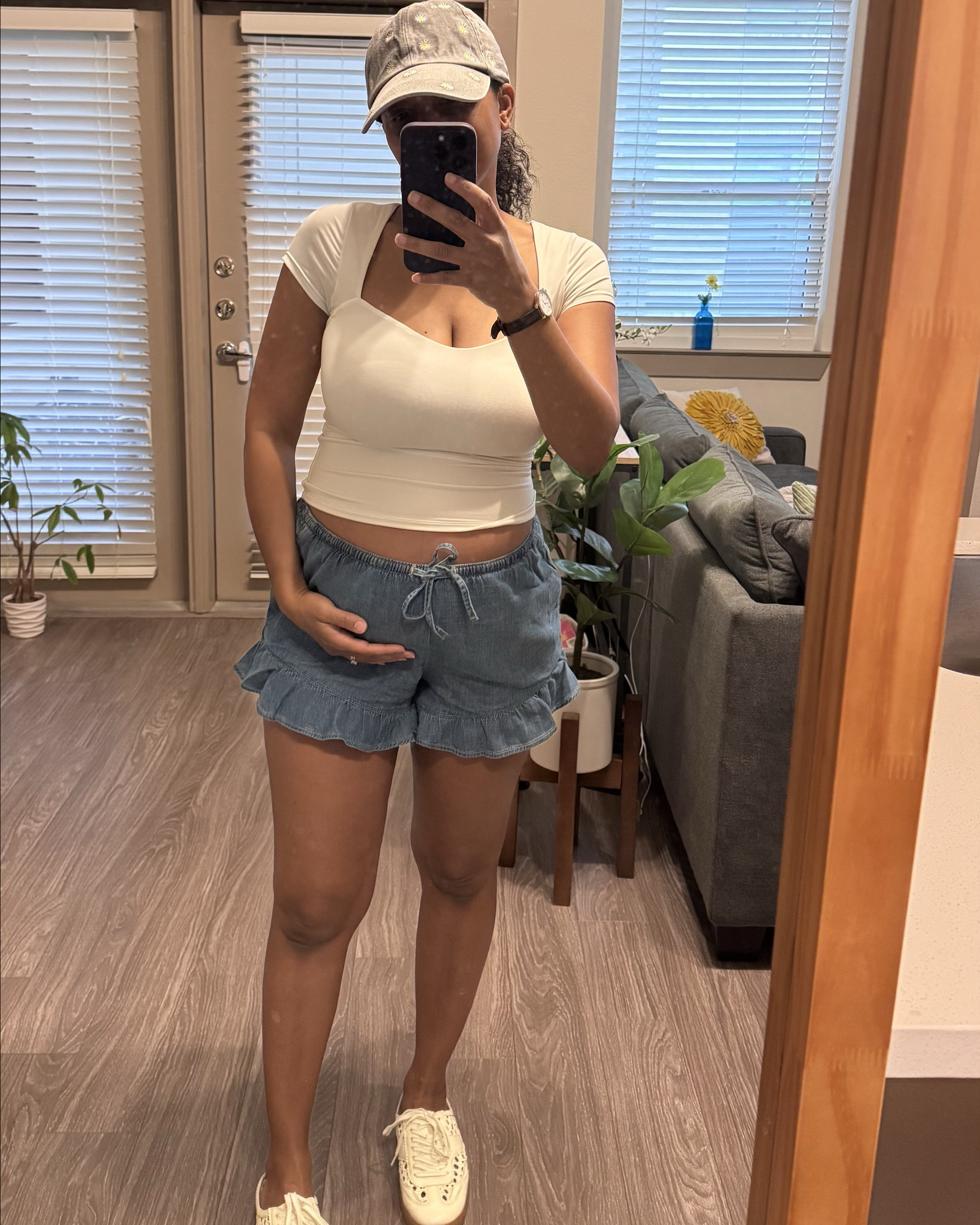 Casual spring / summer outfit 
Bump friendly 🤰 summer outfit
AF ruffle denim tie shorts (non maternity wearing a small)
Dolce Vita woven slip on sneakers
Hat is old from Zara 

#LTKootd #LTKBump #LTKSeasonal