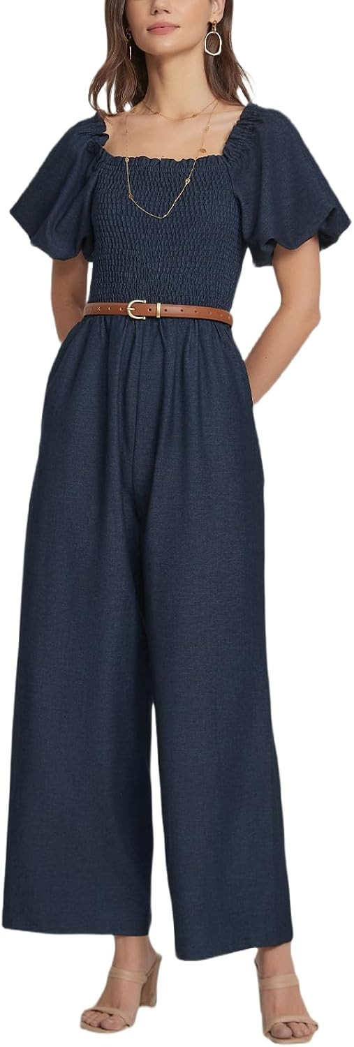 D-Sun Jumpsuits for Women 2026 Summer Dressy Casual Puff Sleeve Square Neck Smocked Rompers One Piece Wide Leg Overalls | Amazon (US)