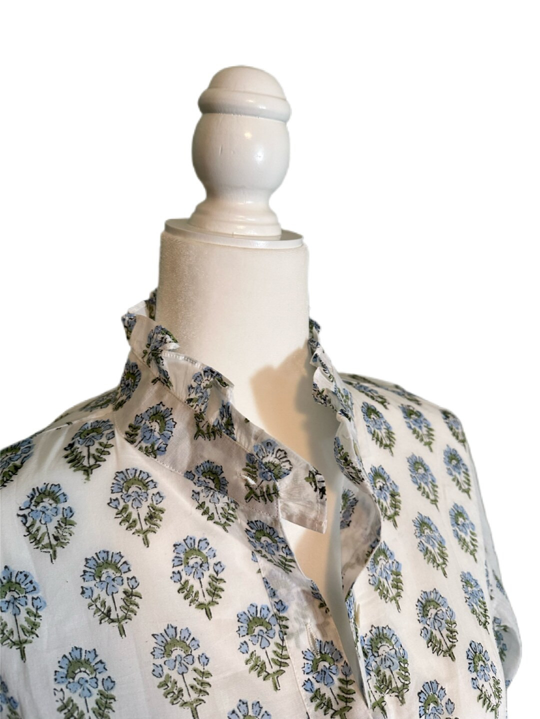 RETIRING Women's Casual Cotton Work Top in Green & Blue Floral Block Print Ruffle Collared Blouse... | Etsy (US)