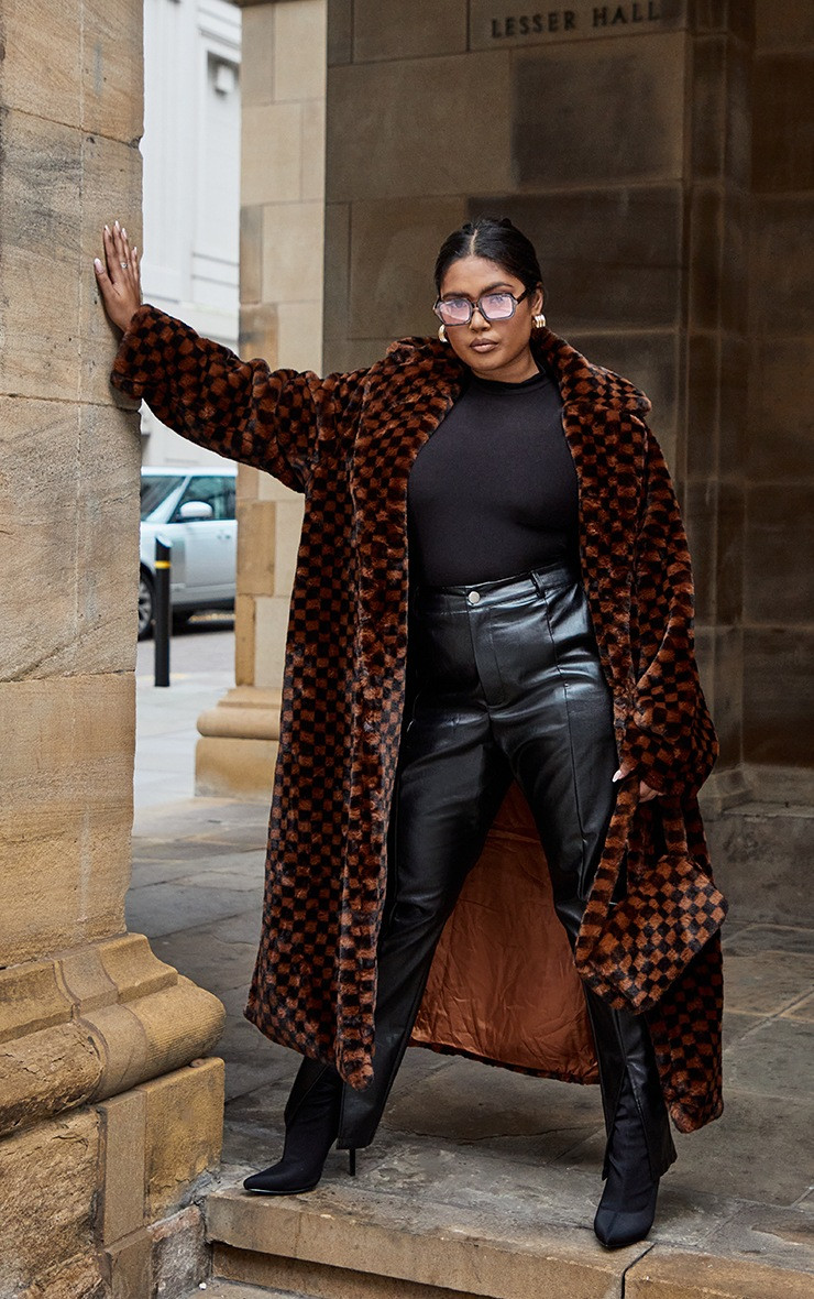 Plus Brown Check Print Faux Fur Midi Coat | PrettyLittleThing UK