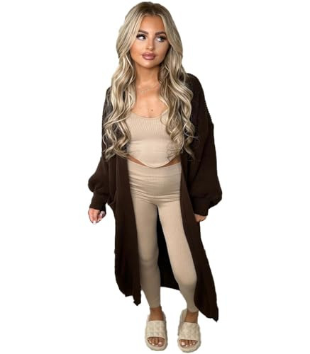 eyes Longline Balloon Sleeve Knitted Cardigan Plain Baggy Oversized Bubble Chunky Pockets Casual Winter Sweater Coatigan Boyfriend Cardigans for Women Jumper UK 8-20 (Brown) | Amazon (UK)