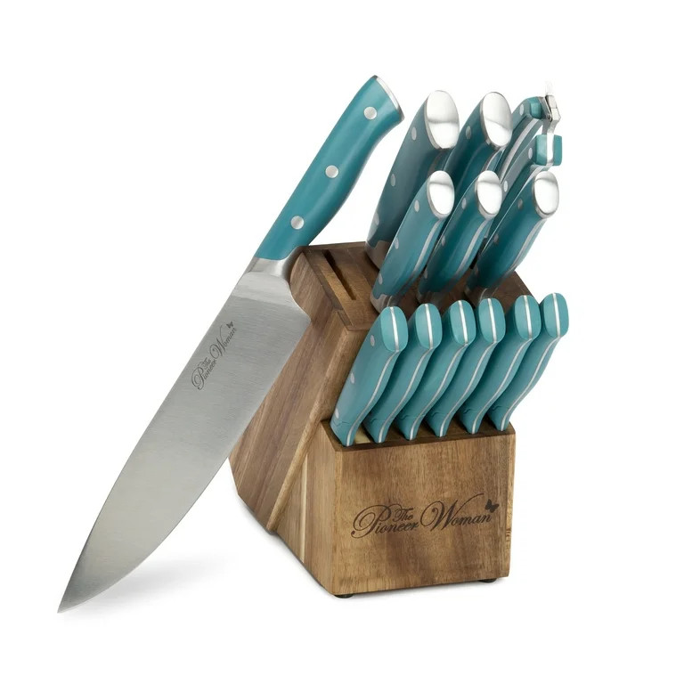 The Pioneer Woman Pioneer Signature 14-Piece Stainless Steel Knife Block Set, Teal | Walmart (US)
