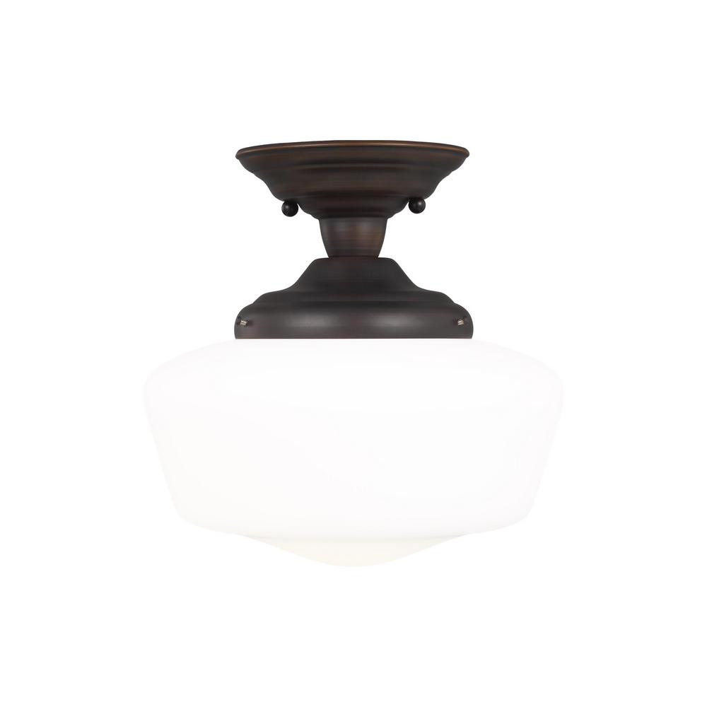 Sea Gull Lighting Academy 11.5 in. 1-Light Bronze Transitional Farmhouse Semi-Flush Mount with Satin | The Home Depot