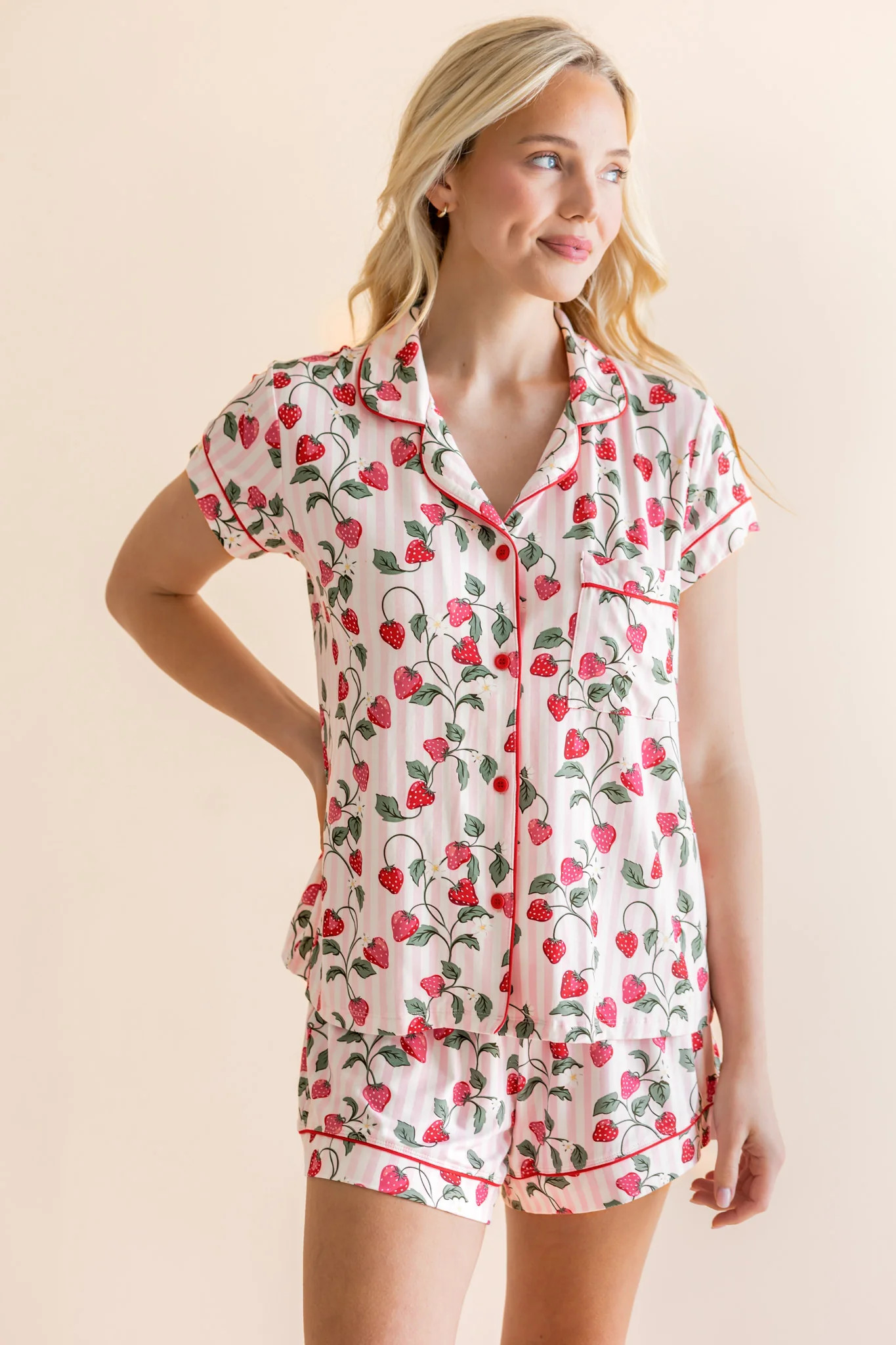 Women's Short Sleeve Pajama Set in Strawberry Fields | Kyte Living