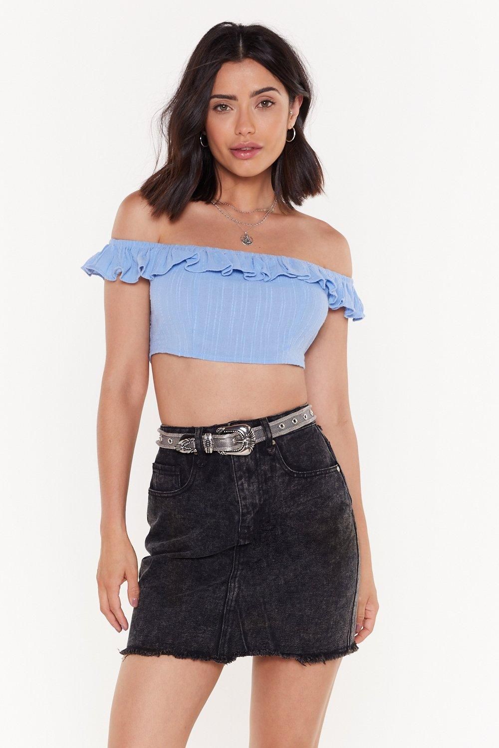 Womens The Frill of Love Off-the-Shoulder Crop Top - Blue | NastyGal (US & CA)