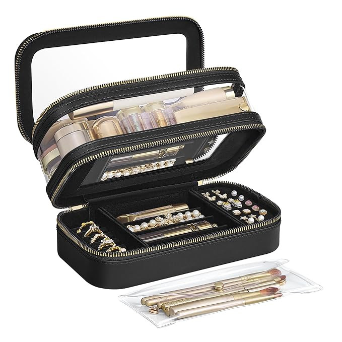 SONGMICS Makeup Bag with Mirror, with Jewelry Storage, Travel Makeup Bag, with Separate Brush Sto... | Amazon (US)