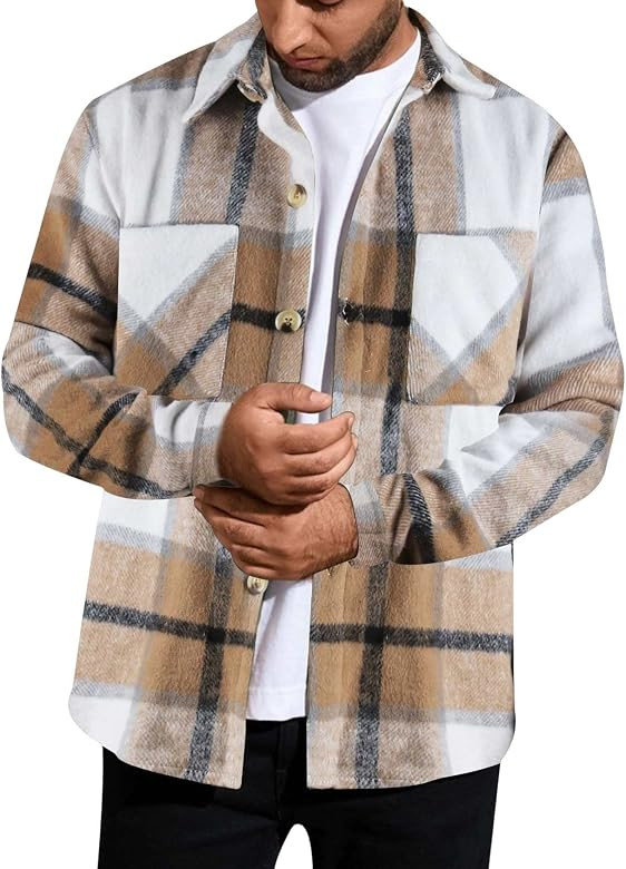 Wyeysyt Mens Flannel Plaid Shirts Long Sleeve Shacket Jacket Cotton Button Shirts Checkered Brush... | Amazon (US)