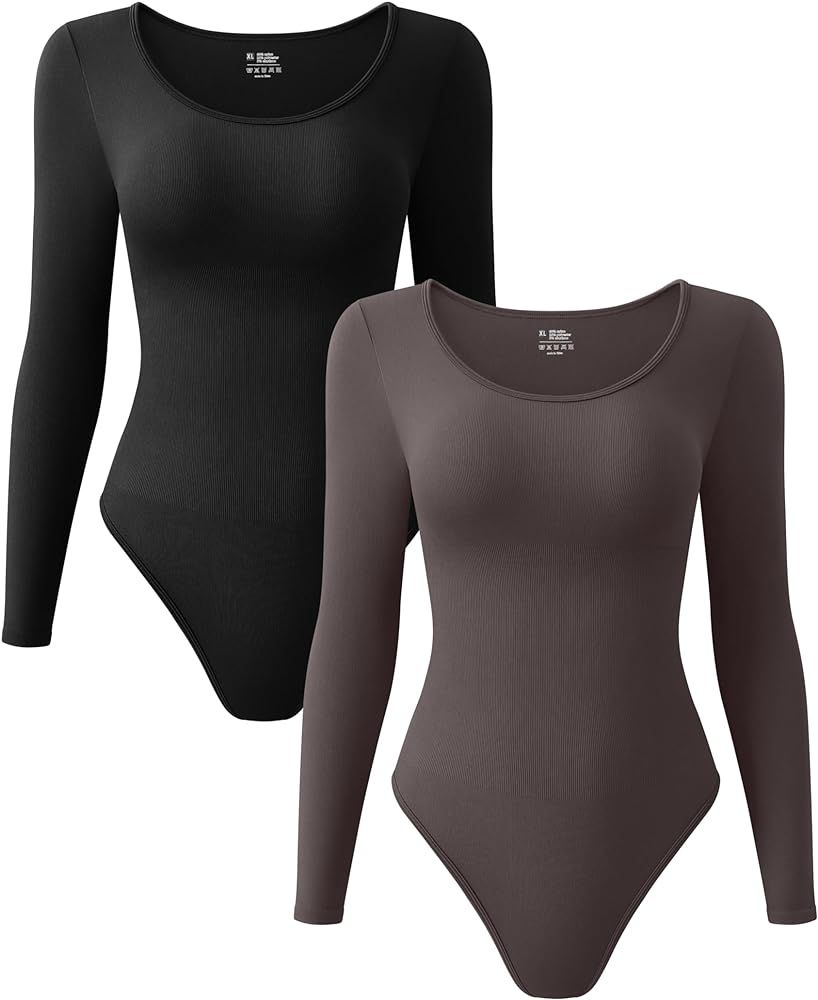TOB Women's 2 Piece Bodysuits Sexy Ribbed Long Sleeve Round Neck Stretch Tops Bodysuits | Amazon (US)
