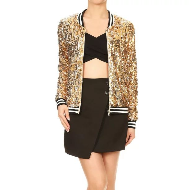 Womens Long Sleeve Sequin Front Zip Jacket Long Sleeve Ribbed Cuffs Outerwear Tops | Walmart (US)