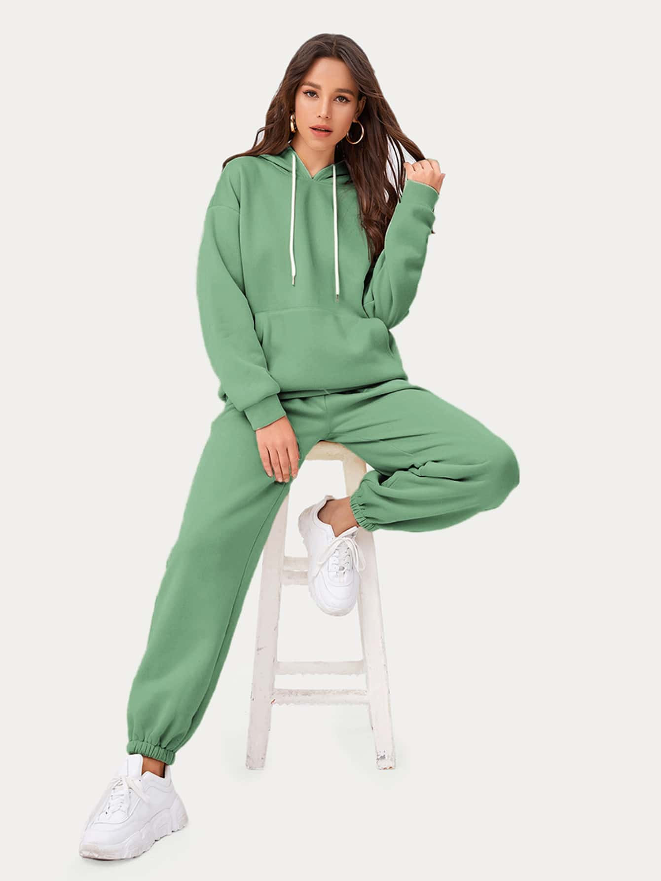 Drop Shoulder Pouch Pocket Drawstring Hoodie & Sweatpants Set | SHEIN