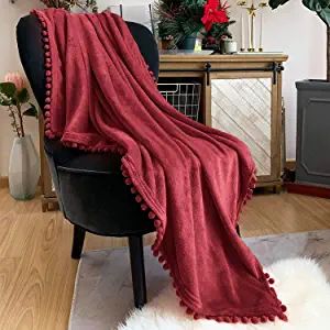 LOMAO Flannel Blanket with Pompom Fringe Lightweight Cozy Bed Blanket Soft Throw Blanket fit Couc... | Amazon (US)