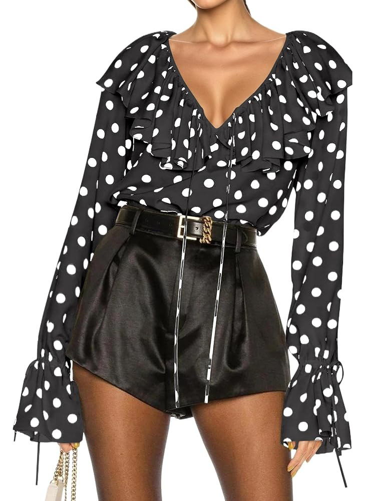 Amazon.com: Ythomm Womens Polka Dot Print Shirts Tie Front Ruffle V Collar Blouses Casual Loose F... | Amazon (US)