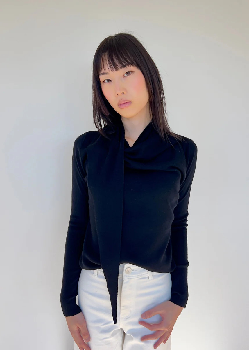 Janine Wrap Neck Long Sleeve Knit Scarf Top - Black | Benaar La