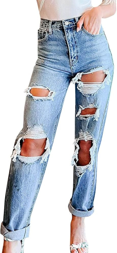 Women Ripped Boyfriend Jeans High Waist Baggy Denim Pants Y2K Distressed Streetwear Vintage Hipho... | Amazon (US)
