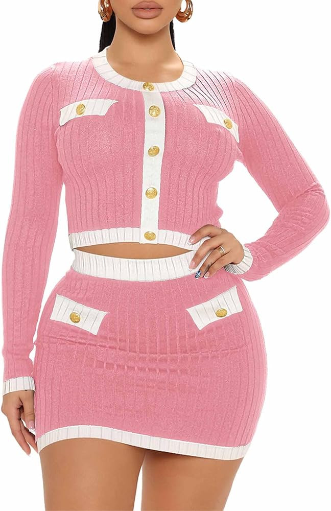 MOEENCN 2 Piece Skirt Outfits for Women Long Sleeve Button Crop Top Sexy Bodycon Mini Elegant Dre... | Amazon (US)