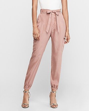 High Waisted Sash Tie Cargo Twill Utility Jogger Pant | Express