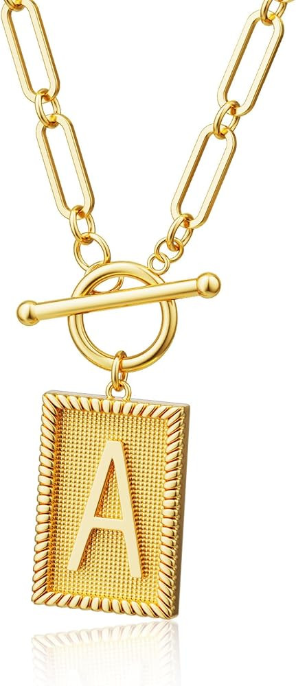Gold Initial Necklaces for Women, Toggle Clasp Square Letter Pendant Necklace Trendy 14K Gold Pla... | Amazon (US)