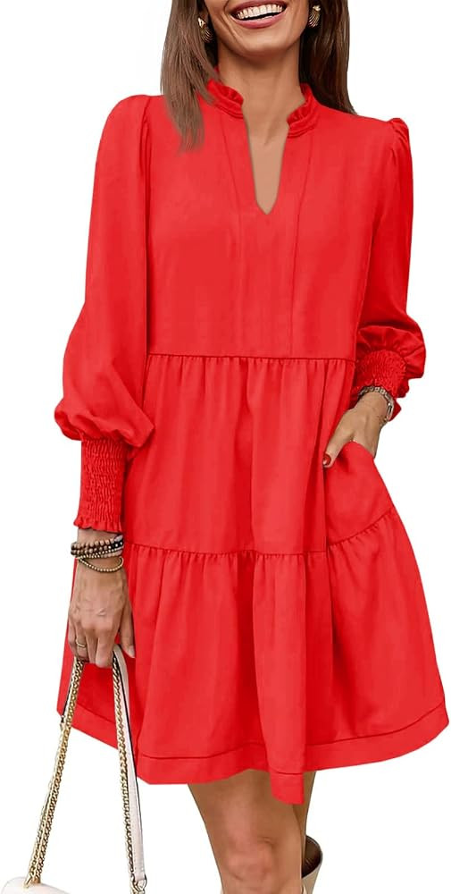 Imily Bela Womens Fall Long Sleeve Tunic Dress Casual V Neck Loose Ruffle Tiered Dress | Amazon (US)
