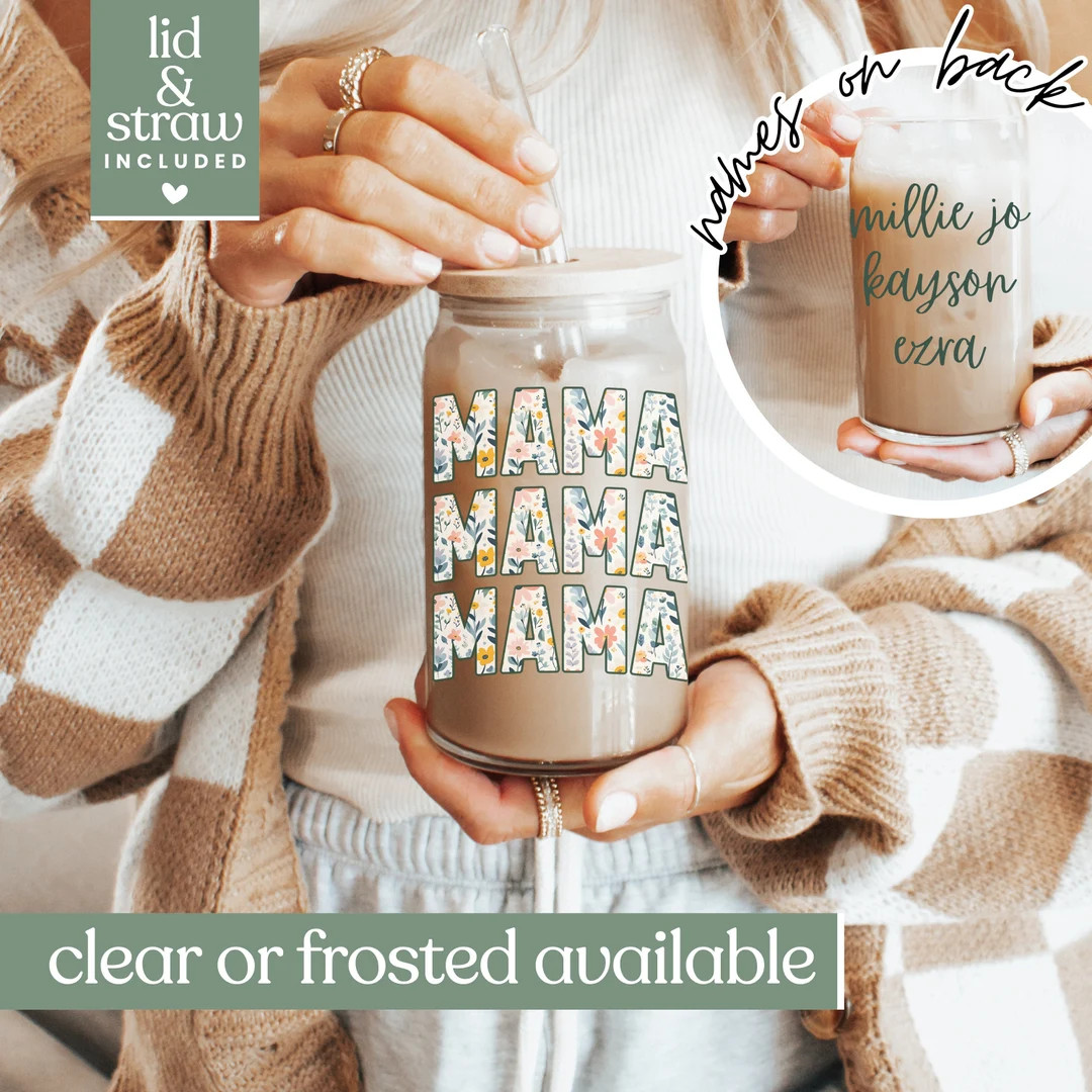 Personalized Mama Glass Cup With Kids Names Custom Mama Tumbler Floral Mom Gifts Sipper Glass Cut... | Etsy (US)