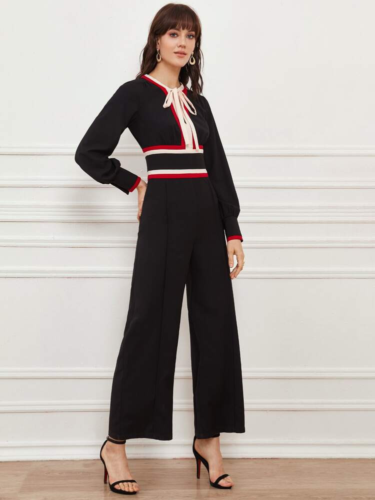 Zipper Back Tie Neck Striped Trim Button Cuff Jumpsuit | SHEIN