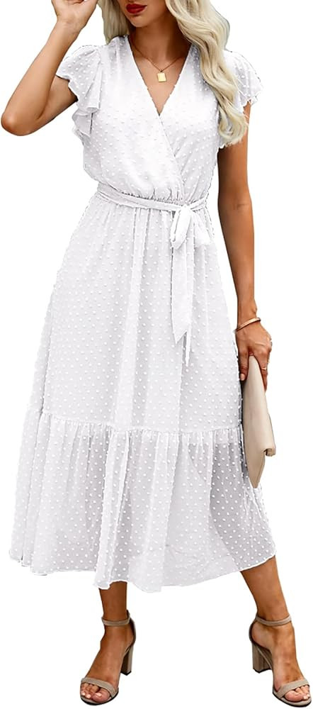 BTFBM Women Summer Bohemian Floral Casual Wrap V Neck Ruffle Cap Sleeveless Belt A-Line Pleated H... | Amazon (US)