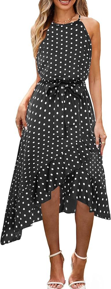 ECOWISH Polka Dot Women Summer Dresses Casual Midi A Line Ruffle High Low Sleeveless Boho Floral ... | Amazon (US)