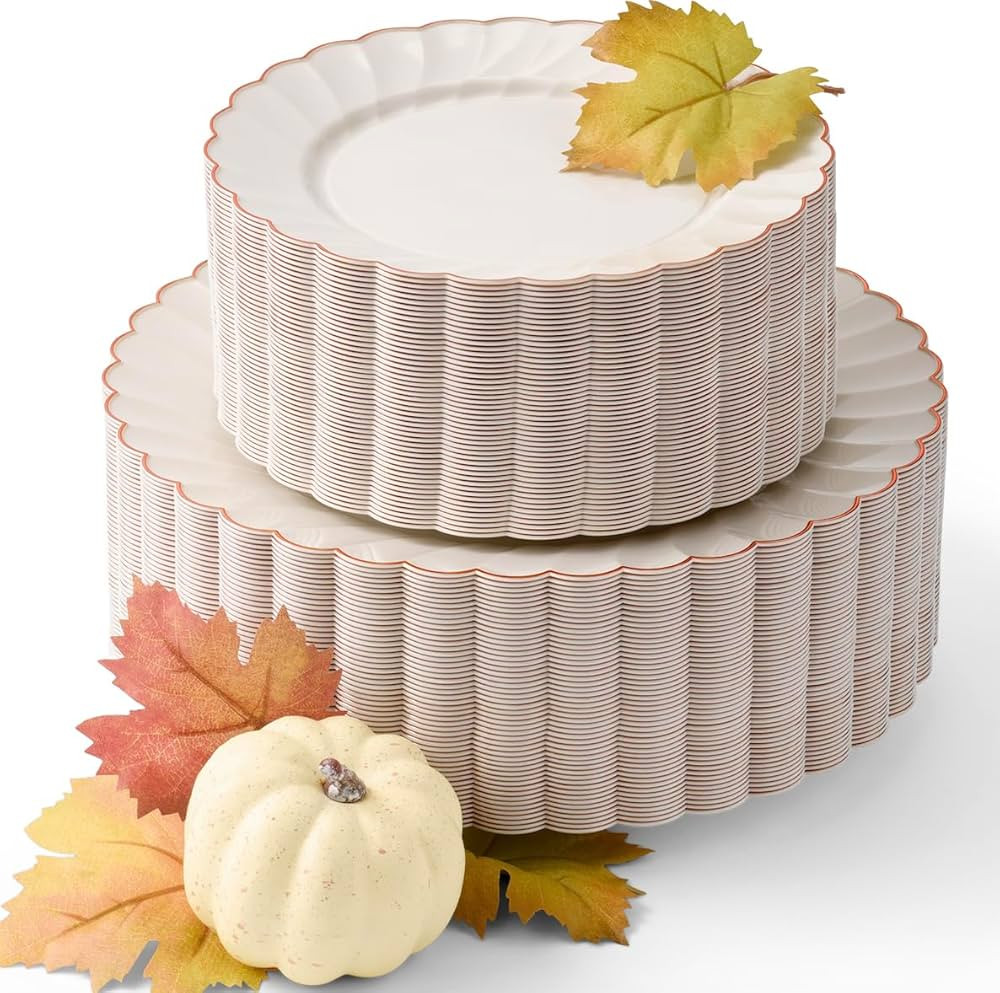By Madee HIGH END 100 PC Scalloped Ivory and Rose Gold Plates | 50 Dinner Plates and 50 Dessert P... | Amazon (US)