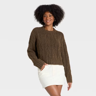 Women's Cozy Cable Crewneck Pullover Sweater - Universal Thread™ Brown XS | Target