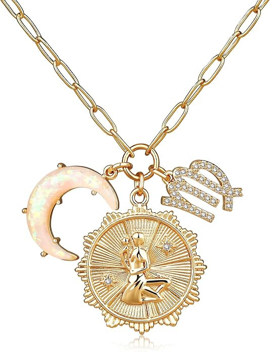 Gold Zodiac Sign Coin Necklace with Opal Crescent Moon Charm for Women Trendy Girls, Dainty Gold ... | Amazon (US)