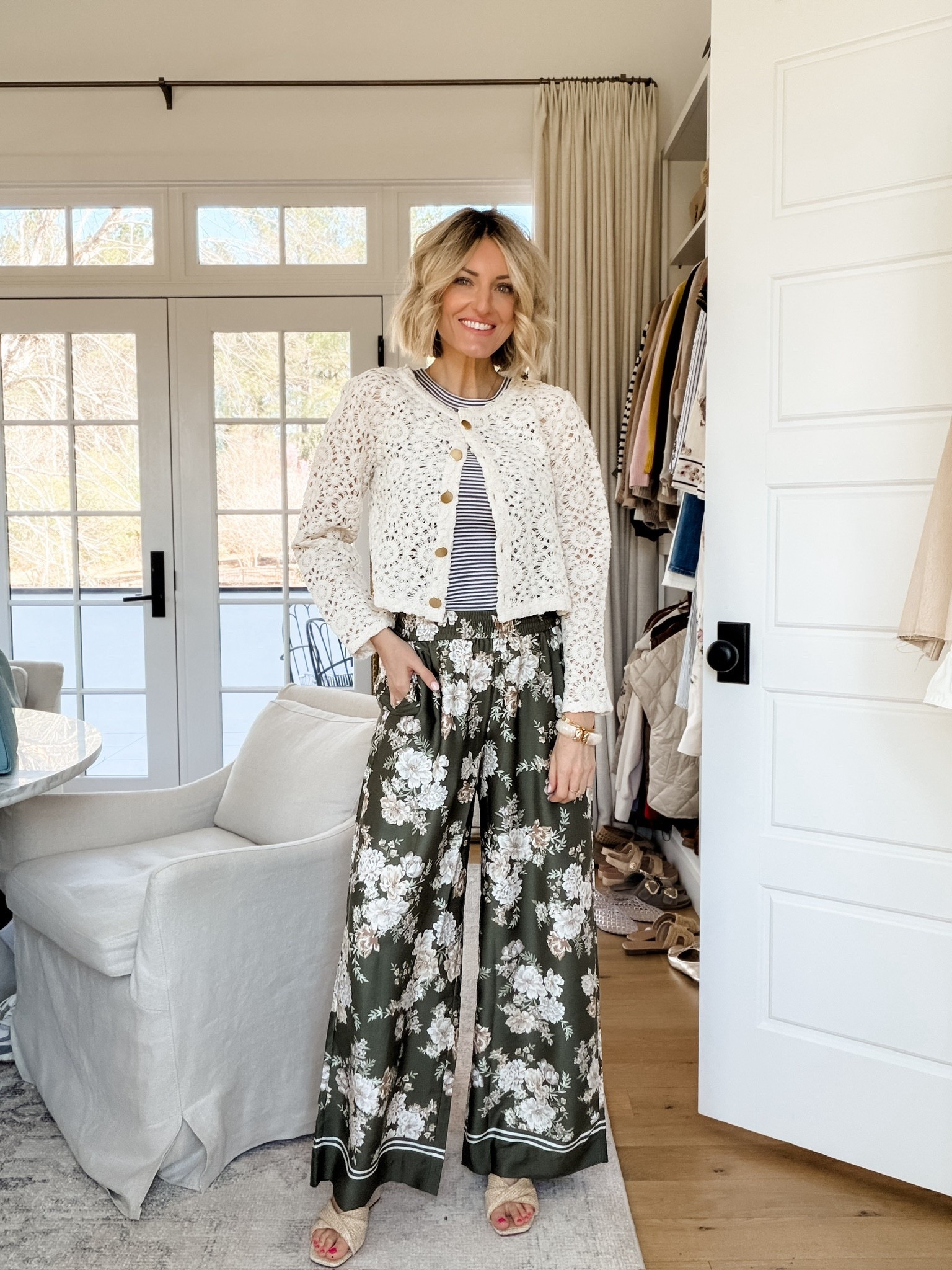 This crochet cardigan, striped tank, & floral pants are all on major sale today! I love to mix textures & prints in a look! This could be worn to work, on vacation, brunch with friends, etc! It’s very versatile! Wearing XS!

Loverly Grey, Loft, spring outfit, floral pants, spring cardigan, wedges, spring workwear, brunch outfit, striped tank, vacation looks 

#LTKSeasonal #LTKSaleAlert