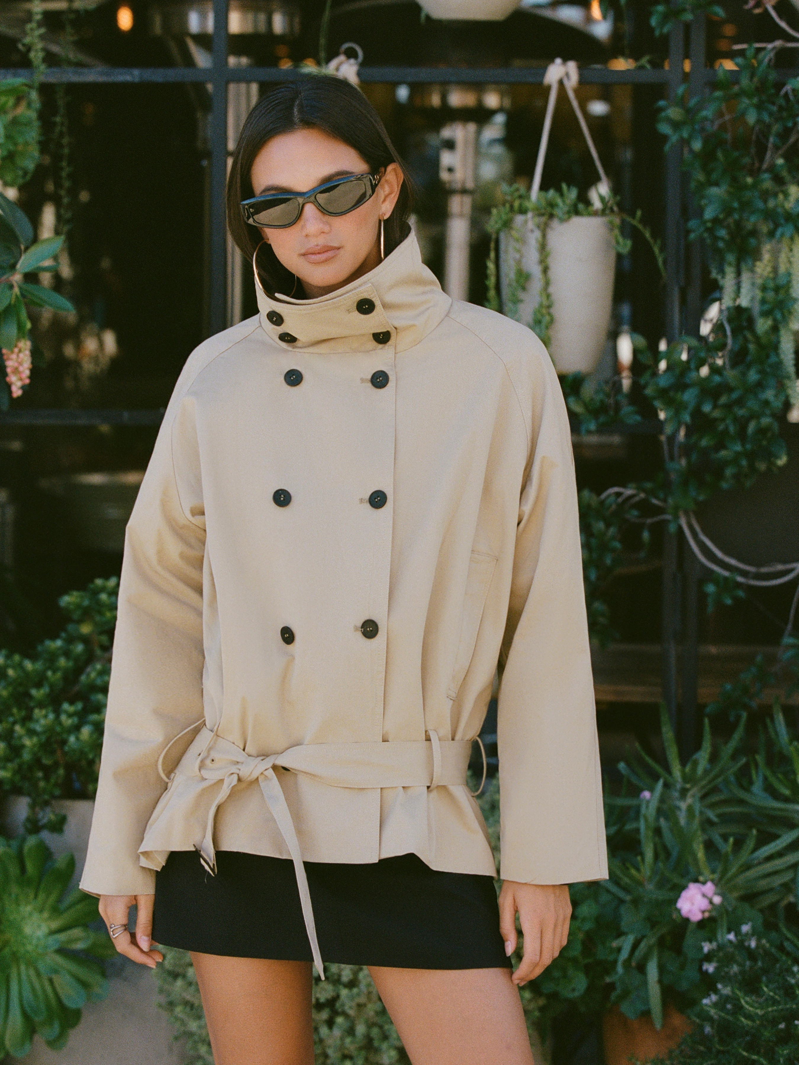 Woven Multi-way Cotton Funnel Neck Double Breasted Oversized Windbreaker With Belt For Daily Casu... | Cider