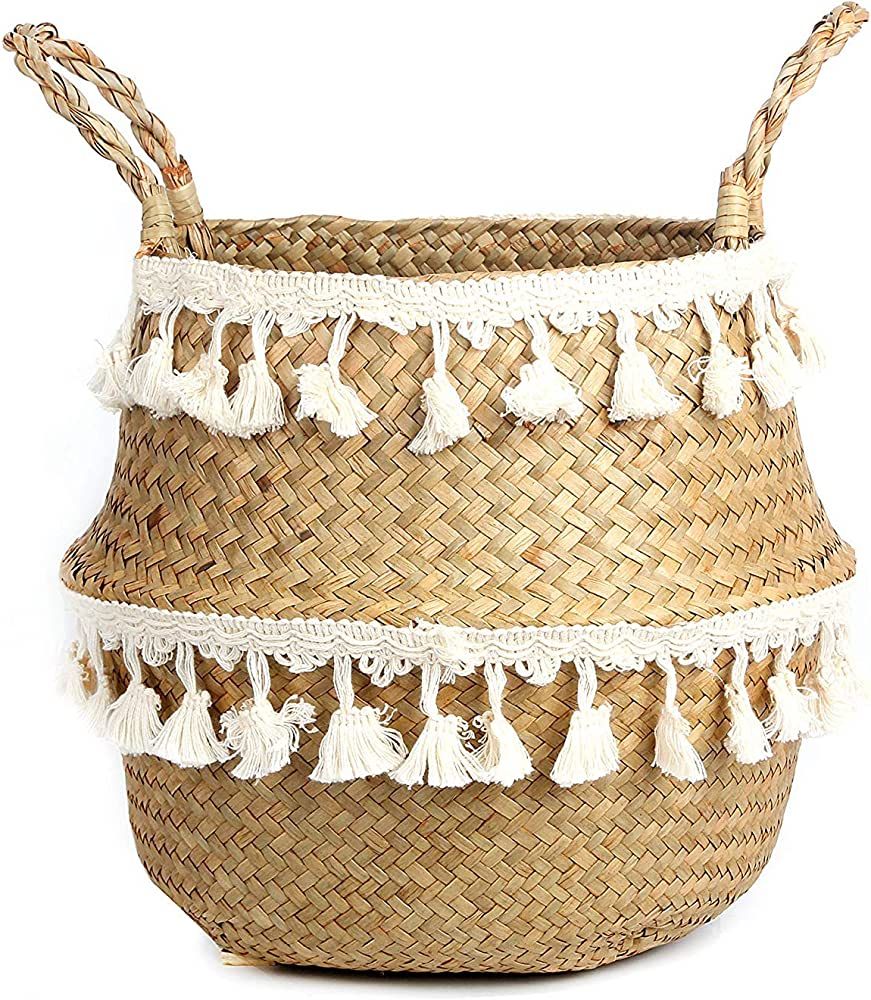 Tassel Macrame Woven Seagrass Belly Basket for Storage, Decoration, Laundry, Picnic, Plant Basin ... | Amazon (US)