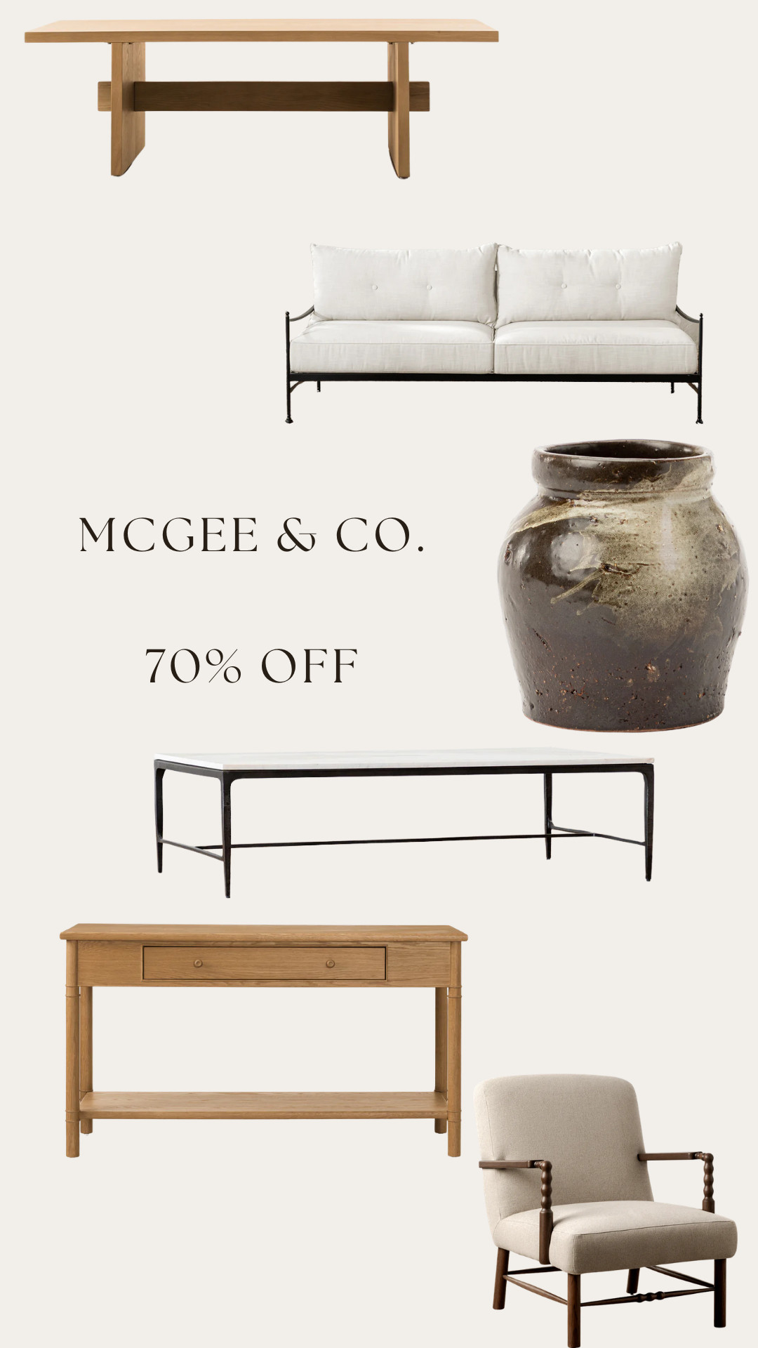 The McGee & Co. sale is officially LIVE, and it's one of the best furniture sales I've seen all year. 🤯

Everything in this roundup is 70% OFF, including coffee tables, console tables, accent chairs, sofas, decor, and furniture that rarely goes on sale. If you've been waiting to invest in timeless, designer-quality pieces, this is the time to do it. These are the kinds of furniture finds that can completely transform a room and still look beautiful years from now.

McGee & Co. sales like this don't happen often, and the best pieces always sell out fast. If you've had your eye on modern organic furniture, luxury home decor, designer furniture, neutral furniture, or timeless living room pieces, I wouldn't wait.

Everything is linked here while it's still in stock. 🏃‍♀️💨 

 #LTKSeasonal #LTKHome #LTKSaleAlert