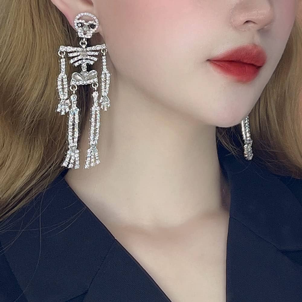 Wiwpar Halloween Skeleton Earrings Long Spooky Skull Skeleton Dangle Earrings Rhinestone Party Ac... | Amazon (US)