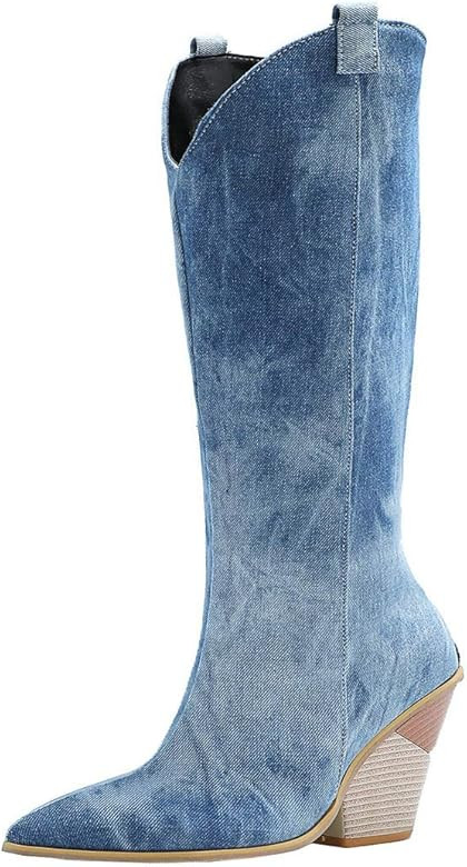 Alsoloveu Cowgirl Riding Boots For Women Pointed Toe Knee High Western Boot Stacked Heel | Amazon (US)