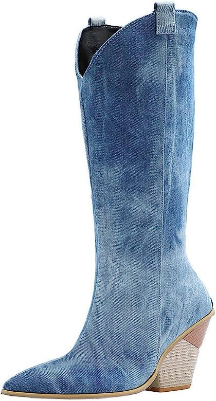 Alsoloveu Cowgirl Riding Boots For Women Pointed Toe Knee High Western Boot Stacked Heel | Amazon (US)