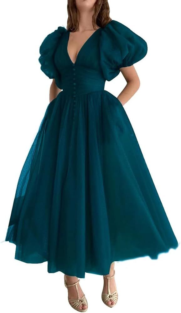 Puffy Sleeve Prom Dresses Romantic Dotted Tulle V-Neck Princess Evening Ball Gown for Women Formal T | Amazon (US)