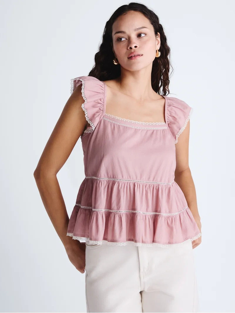 Scoop Women\u2019s Flowy Lace Cotton Top, Sizes XS-XXL | Walmart (US)